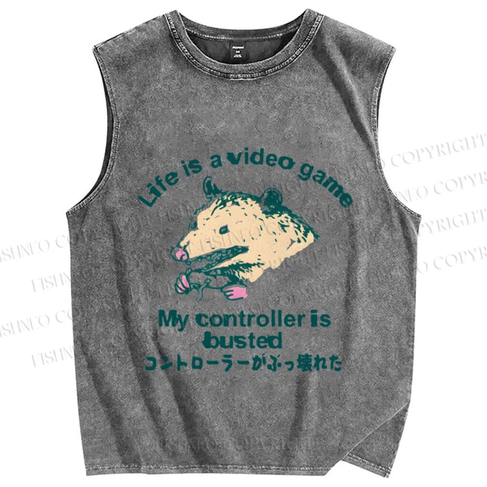 Unisex Silly Opossum Controller is Busted Printed Washed Tank Top