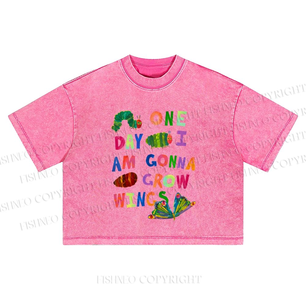 Cartoon Caterpillar Butterfly Printed Washed Cropped T-Shirt