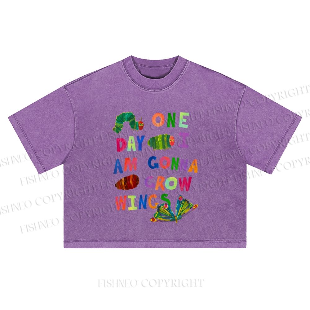 Cartoon Caterpillar Butterfly Printed Washed Cropped T-Shirt