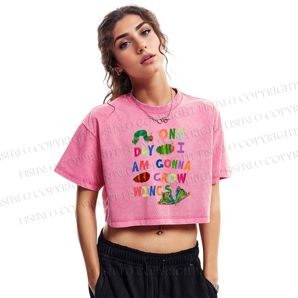 Cartoon Caterpillar Butterfly Printed Washed Cropped T-Shirt