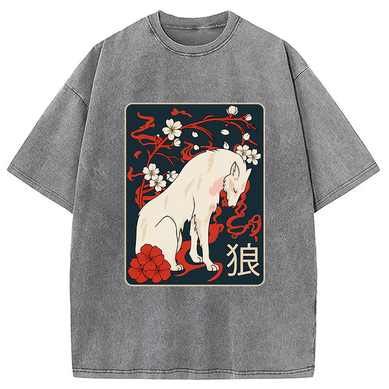 Ancient Japanese Wolf Art Washed T-Shirt