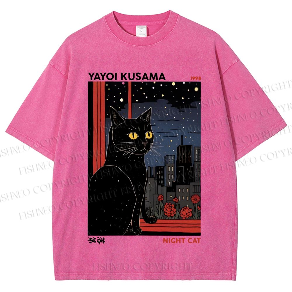 Unisex Vintage Japanese Art Yayoi Kusama Cat Printed Washed Tee