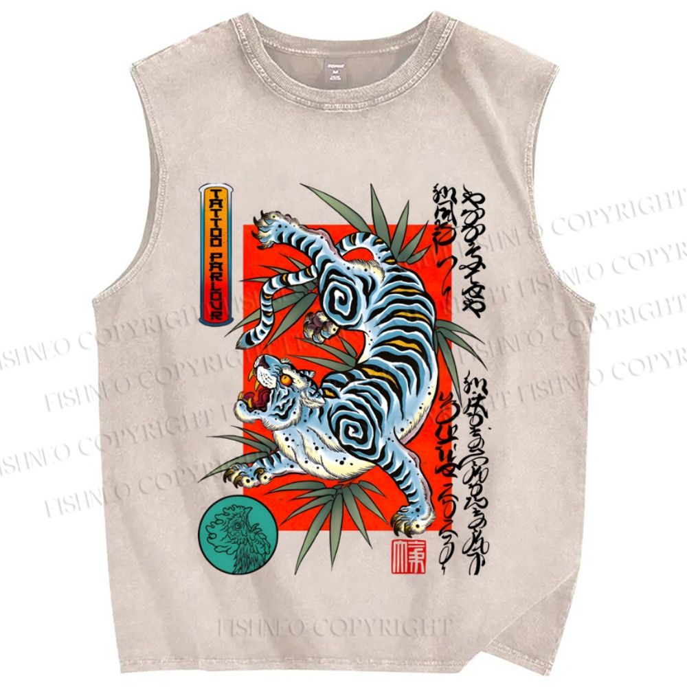 Unisex Vintage Japanese Tiger Graffiti Printed Washed Tank Top