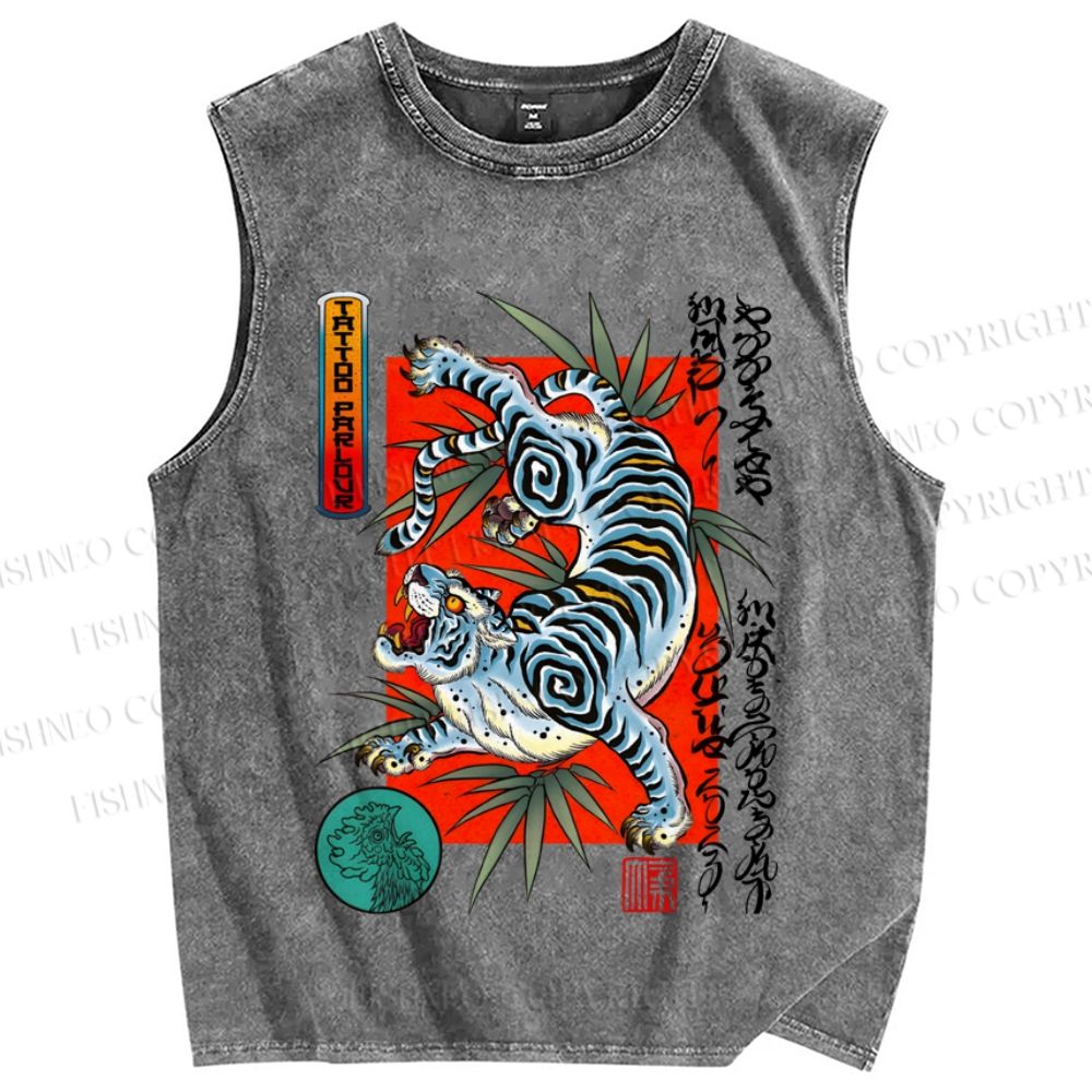 Unisex Vintage Japanese Tiger Graffiti Printed Washed Tank Top