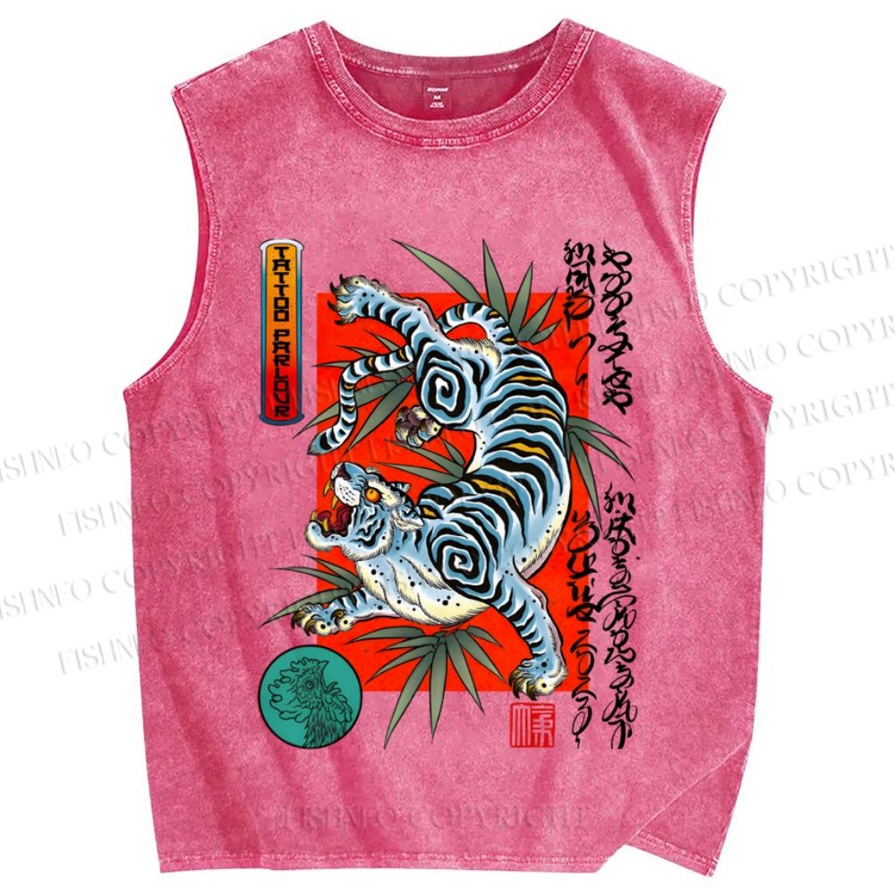 Unisex Vintage Japanese Tiger Graffiti Printed Washed Tank Top