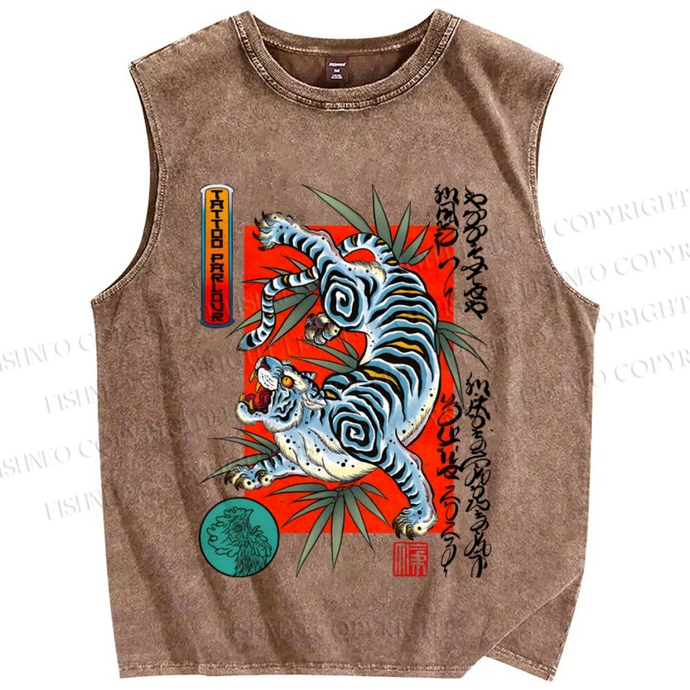 Unisex Vintage Japanese Tiger Graffiti Printed Washed Tank Top