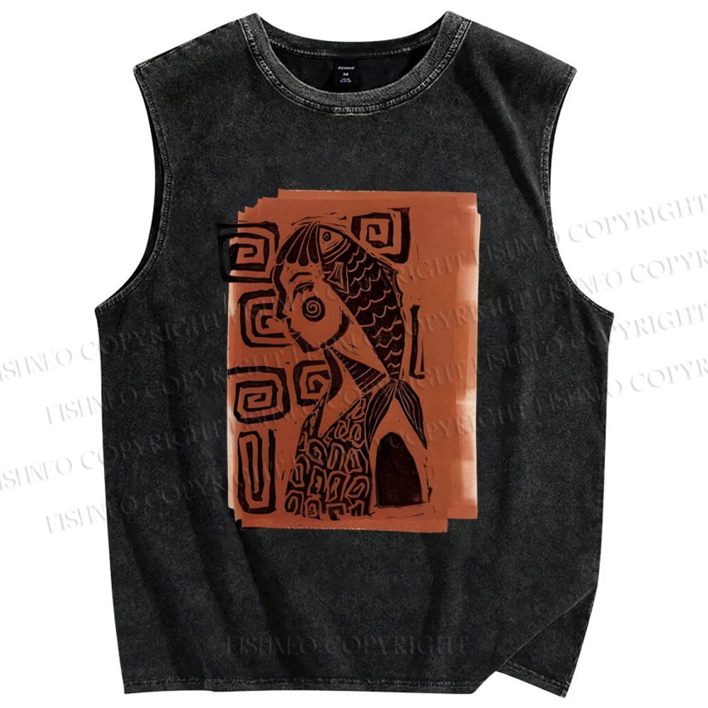Unisex Artistic Fish Portraits Printed Washed Tank Top