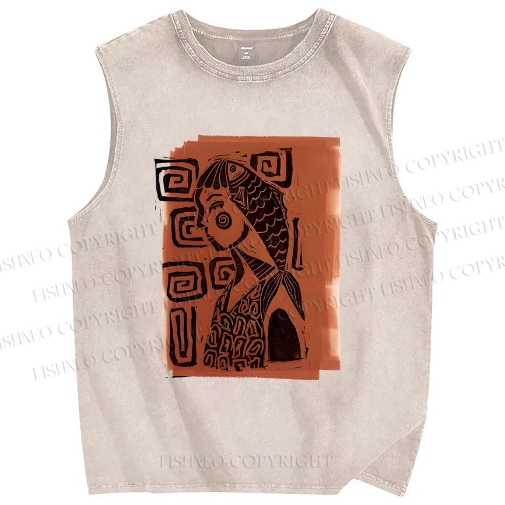 Unisex Artistic Fish Portraits Printed Washed Tank Top