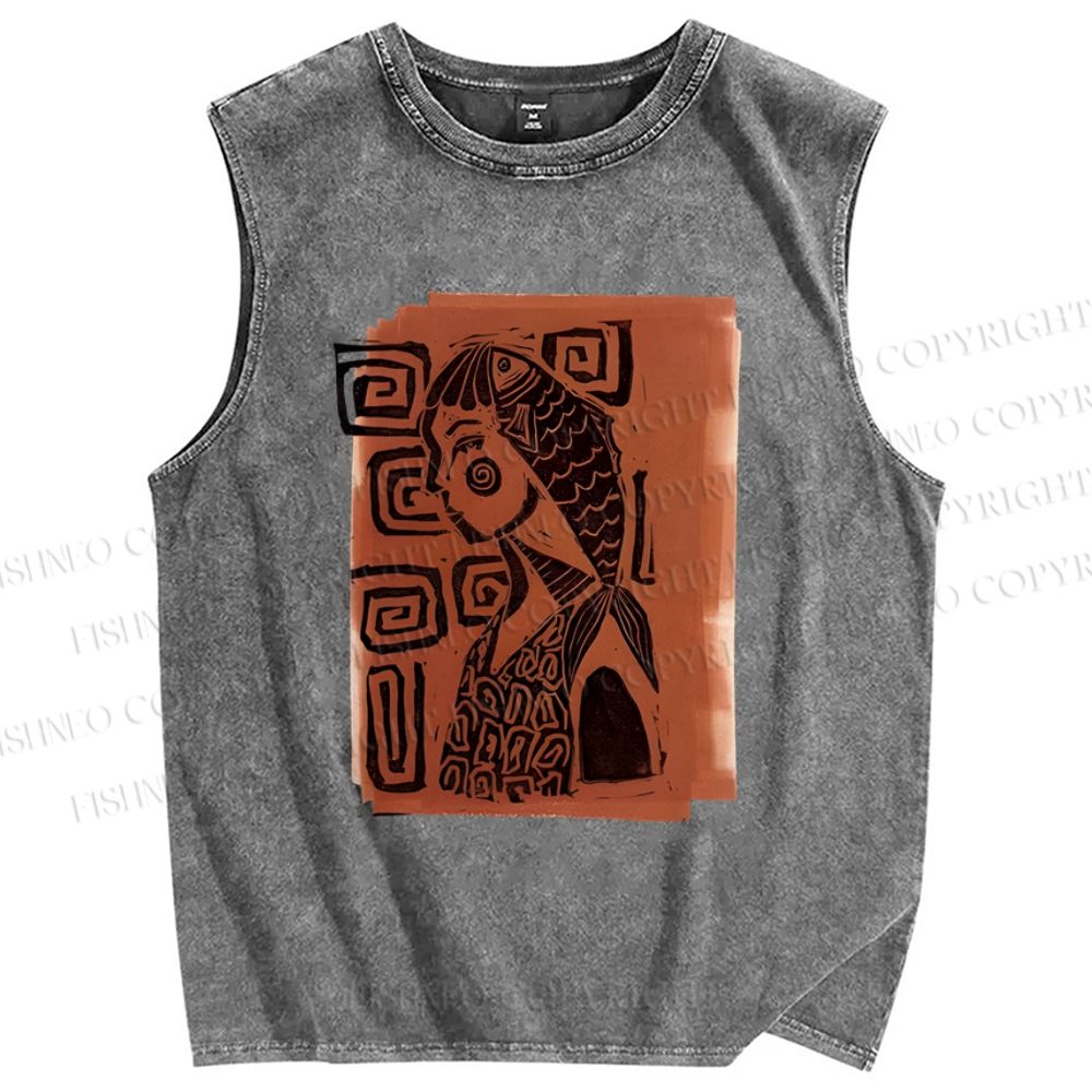 Unisex Artistic Fish Portraits Printed Washed Tank Top