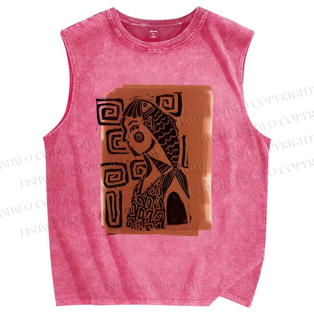 Unisex Artistic Fish Portraits Printed Washed Tank Top