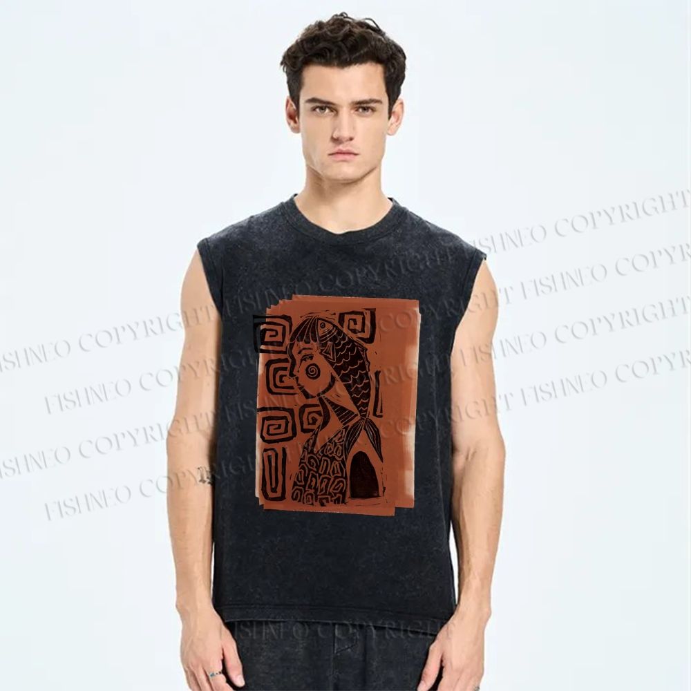 Unisex Artistic Fish Portraits Printed Washed Tank Top