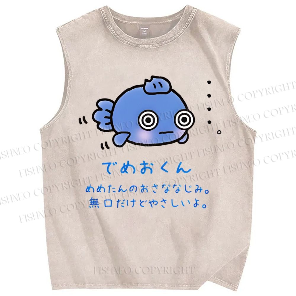 Unisex Cartoon Fish Printed Washed Tank Top