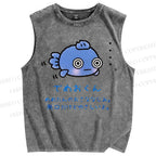 Unisex Cartoon Fish Printed Washed Tank Top