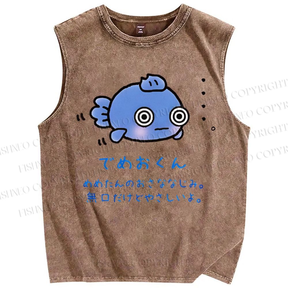 Unisex Cartoon Fish Printed Washed Tank Top