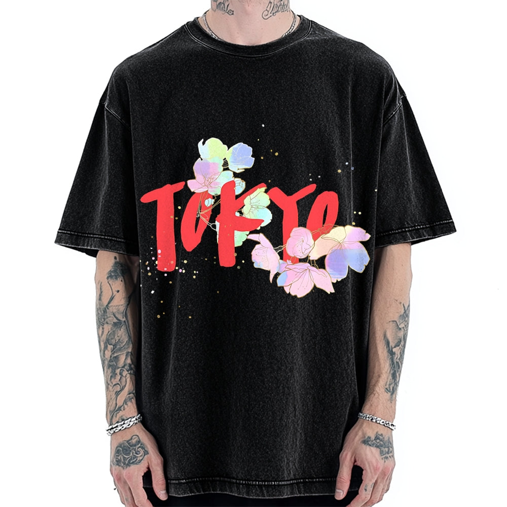 Colorful Sakura Petals Tokyo Vintage Washed T-shirt