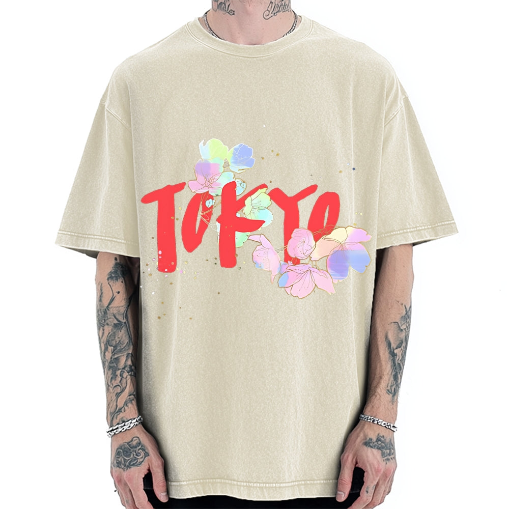 Colorful Sakura Petals Tokyo Vintage Washed T-shirt