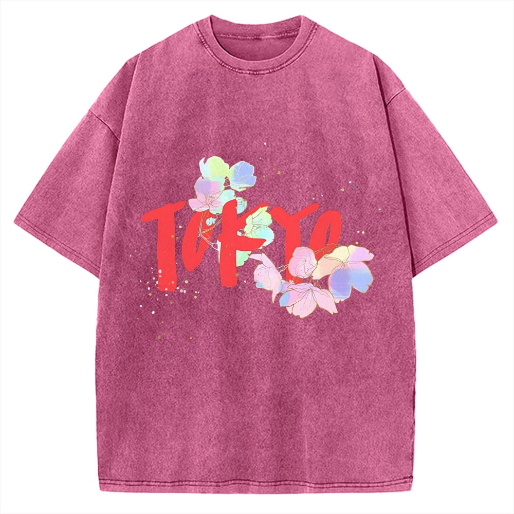 Colorful Sakura Petals Tokyo Vintage Washed T-shirt