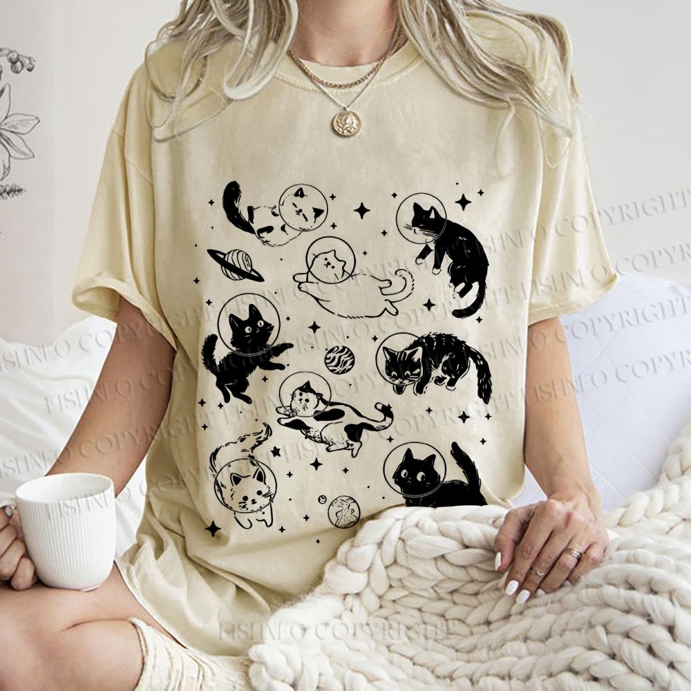Unisex Cute Cartoon Astronaut Printed Washed Tee