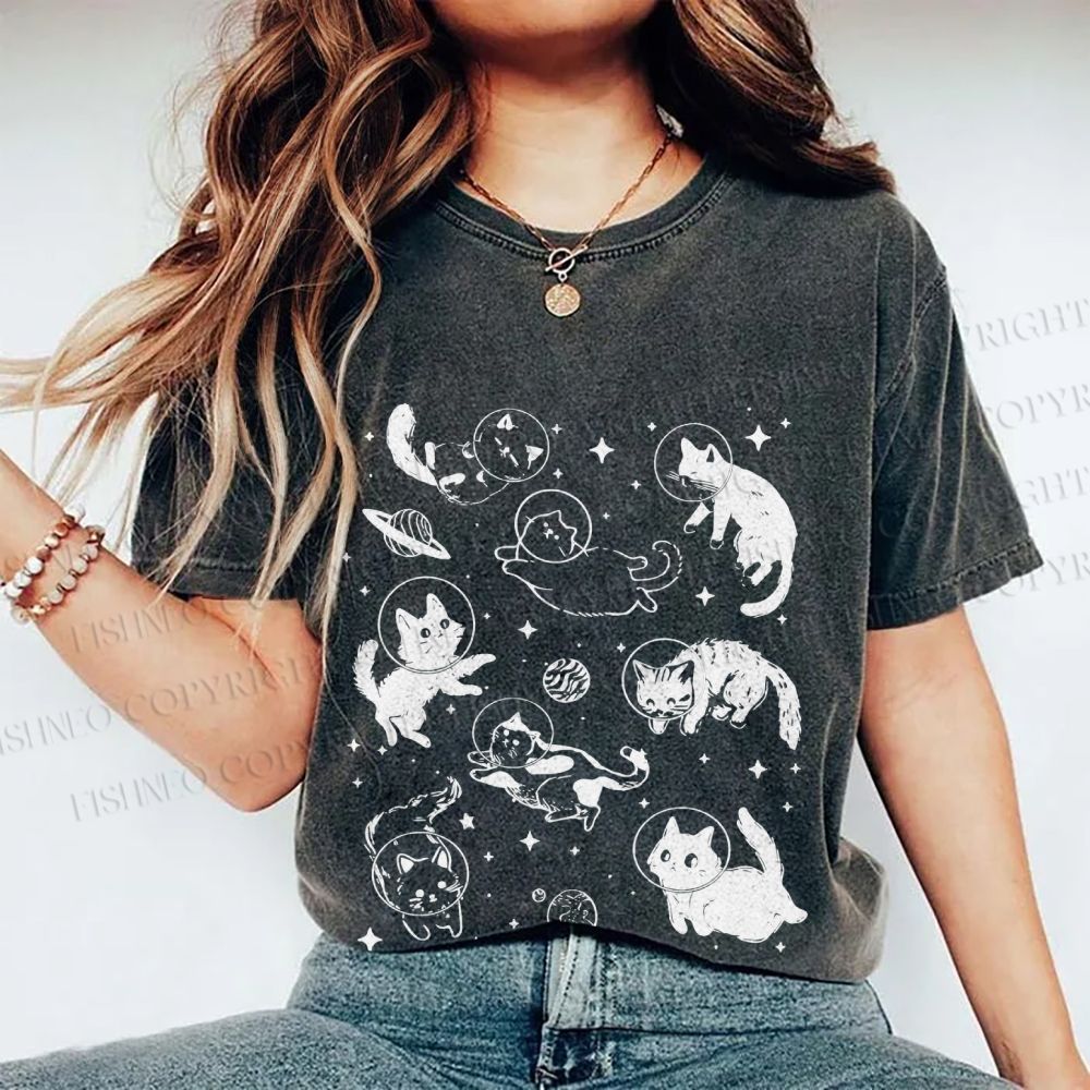Unisex Cute Cartoon Astronaut Printed Washed Tee