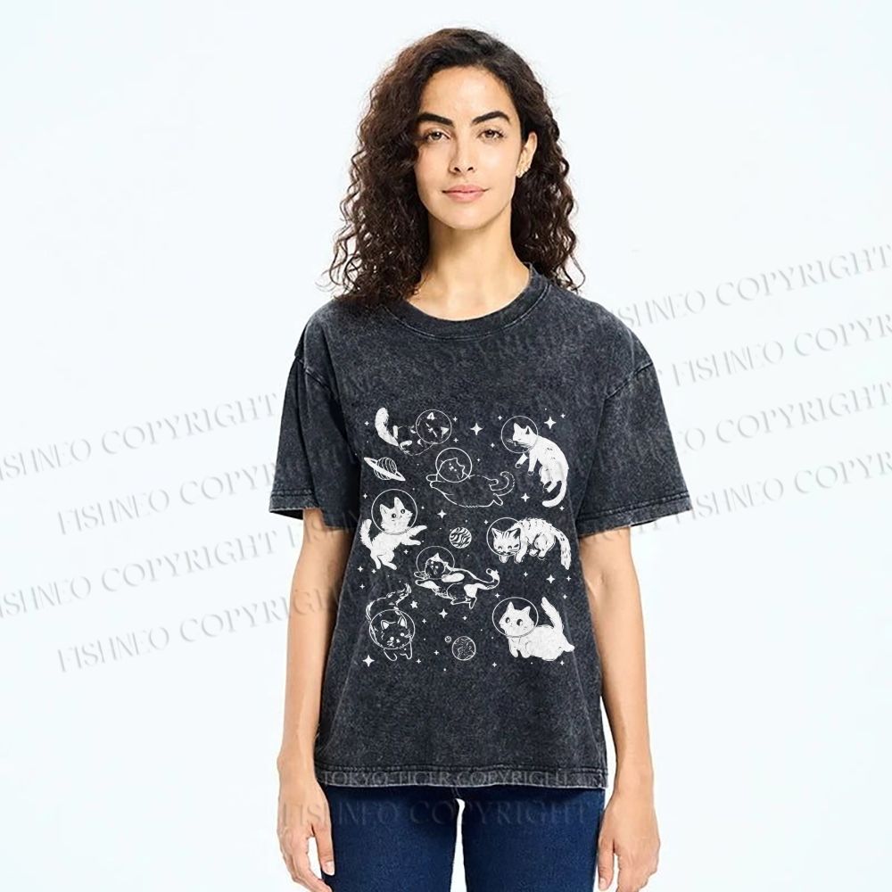 Unisex Cute Cartoon Astronaut Printed Washed Tee