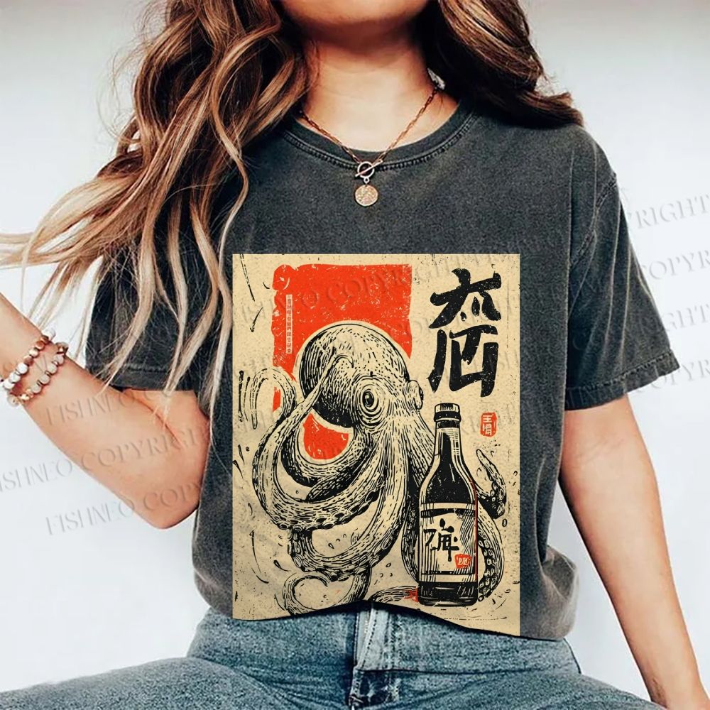 Unisex Octopus With Bottle Printed Washed Tee