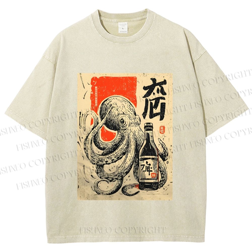 Unisex Octopus With Bottle Printed Washed Tee