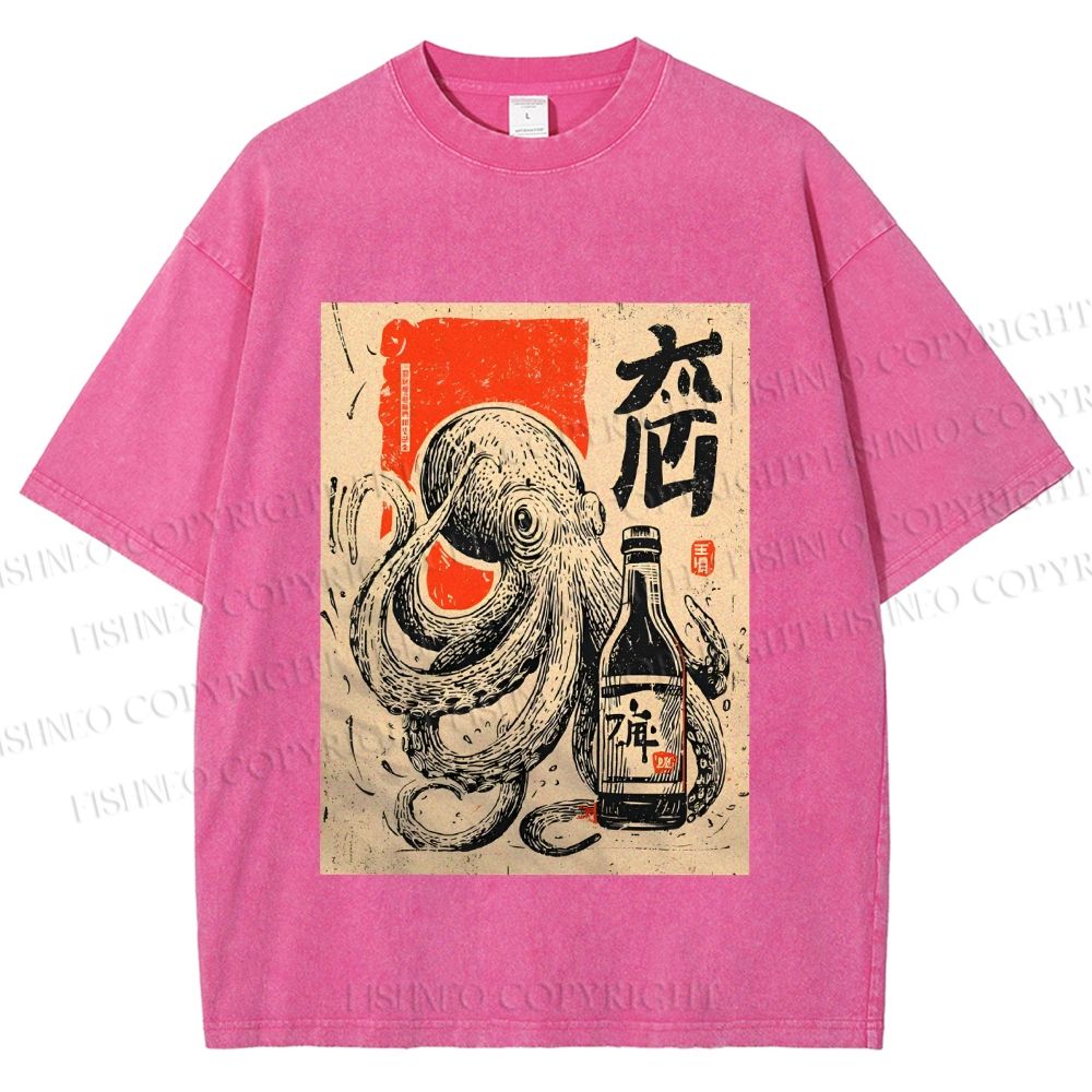 Unisex Octopus With Bottle Printed Washed Tee
