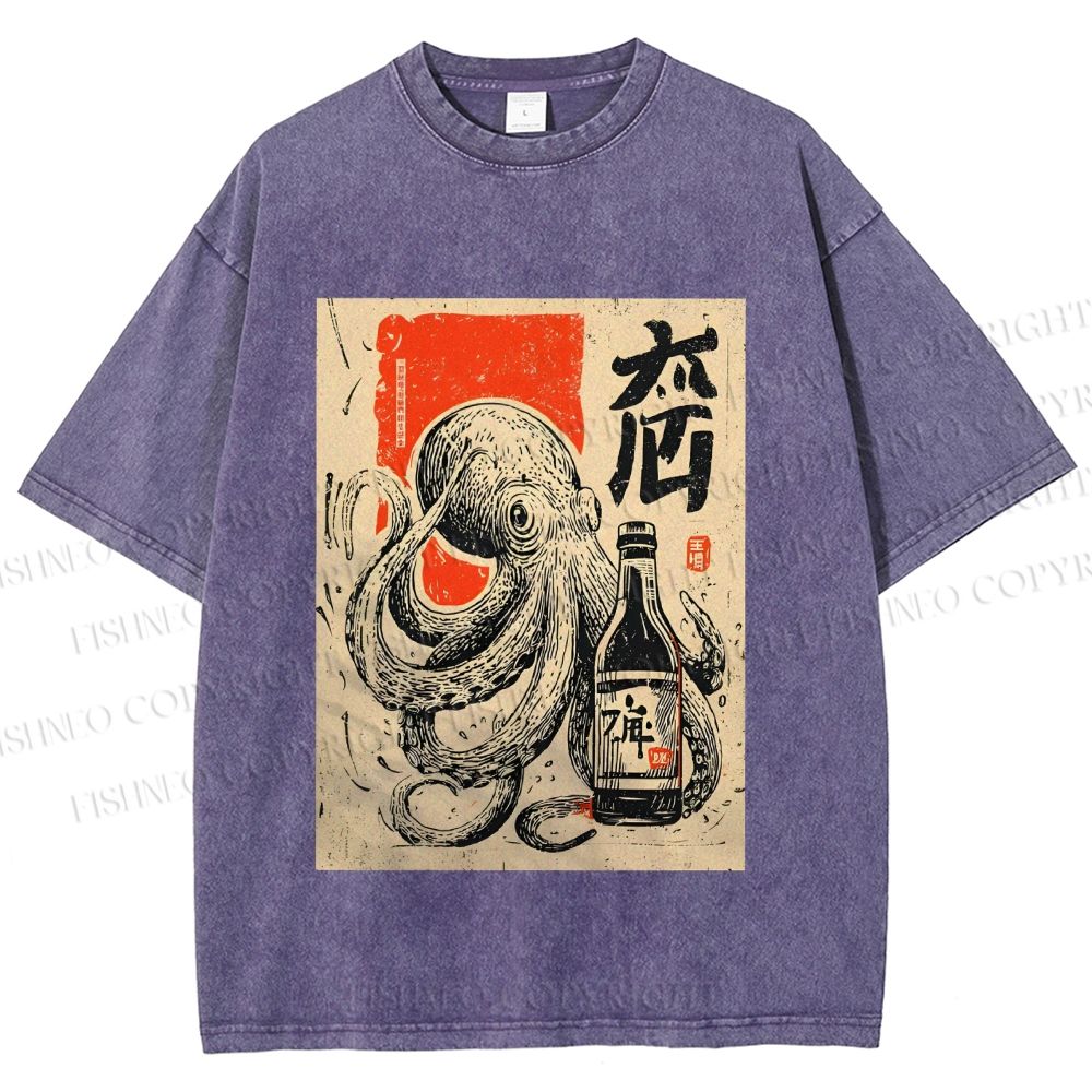 Unisex Octopus With Bottle Printed Washed Tee