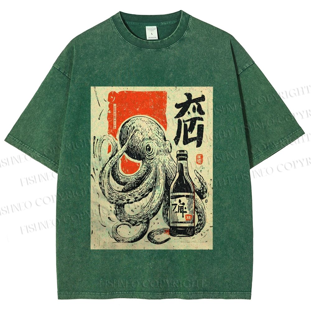 Unisex Octopus With Bottle Printed Washed Tee