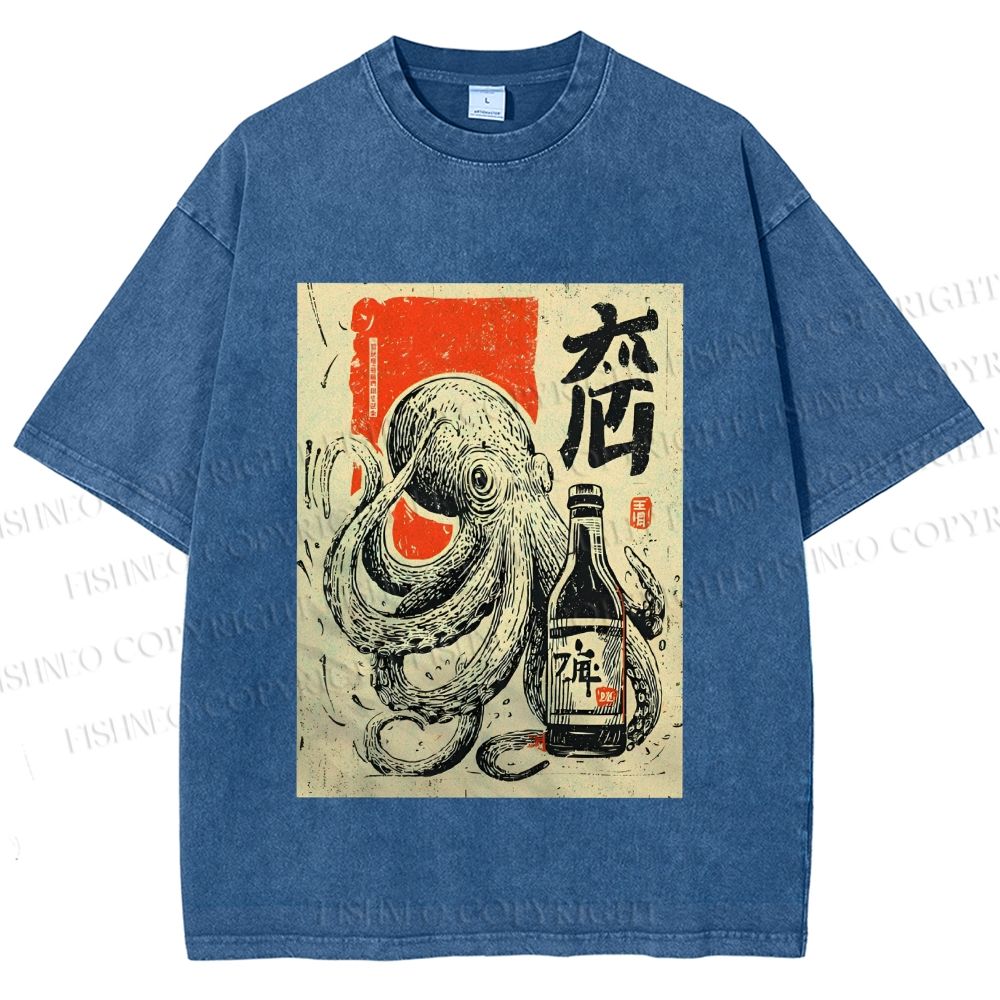 Unisex Octopus With Bottle Printed Washed Tee