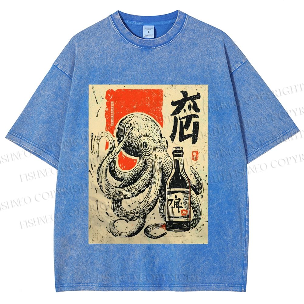 Unisex Octopus With Bottle Printed Washed Tee