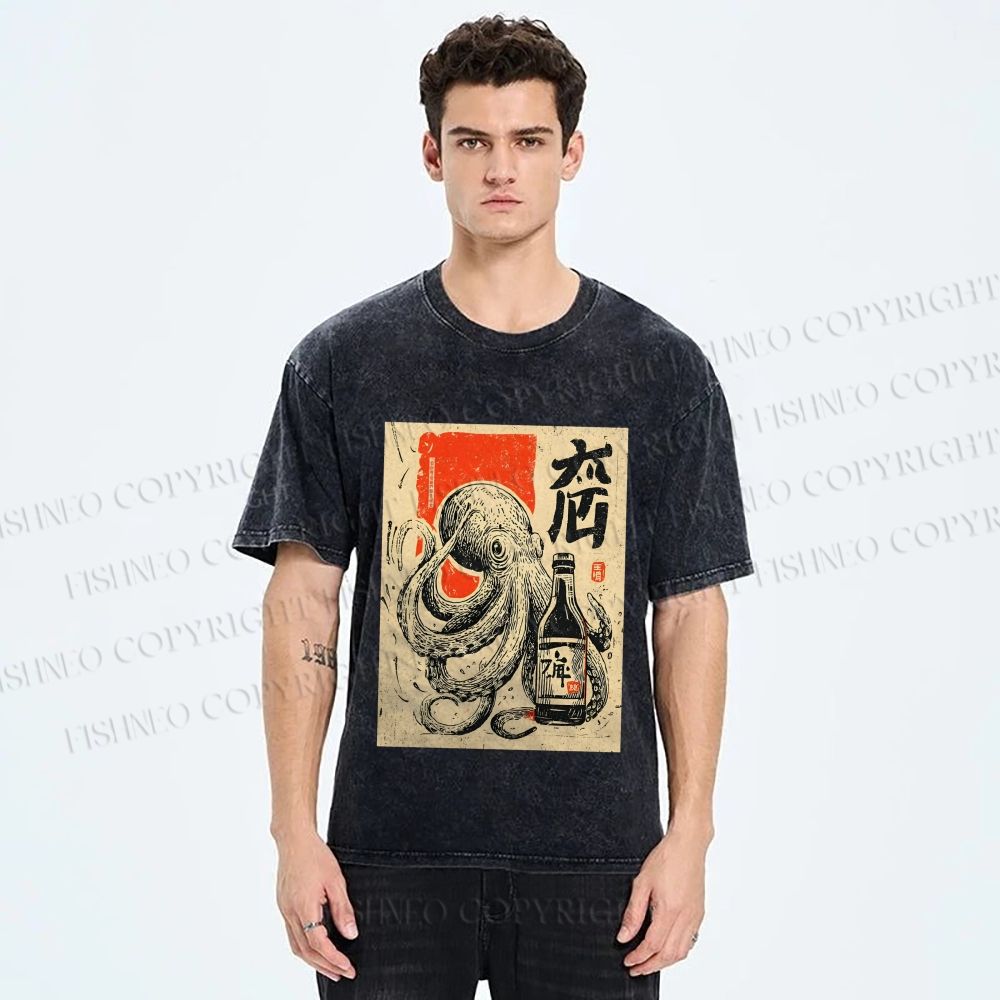 Unisex Octopus With Bottle Printed Washed Tee