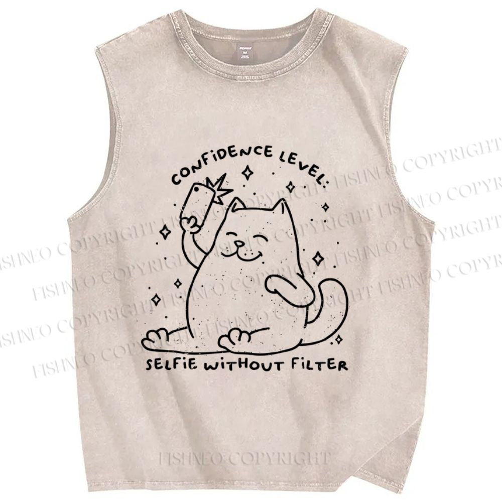 Unisex Confidence Level Selfie Without Filter Cat Printed Washed Tank Top