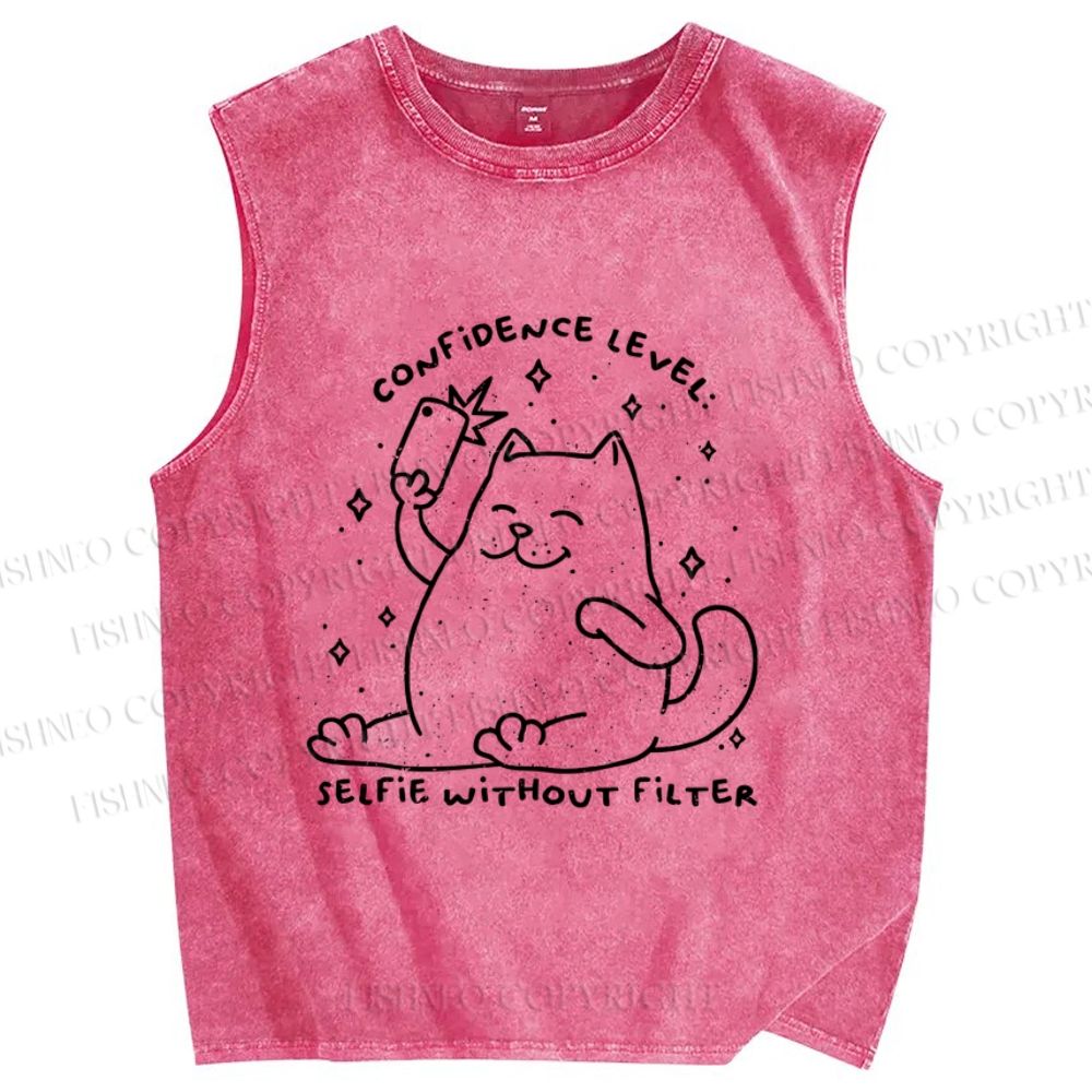 Unisex Confidence Level Selfie Without Filter Cat Printed Washed Tank Top