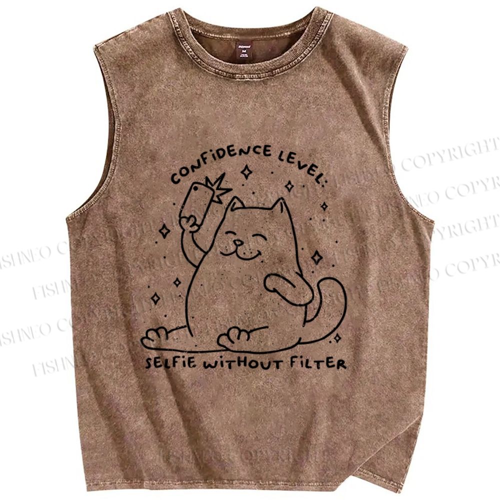 Unisex Confidence Level Selfie Without Filter Cat Printed Washed Tank Top