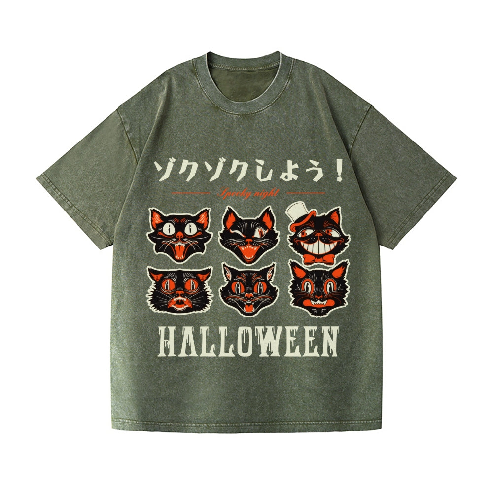 Halloween Black Cat Vintage Wash Japanese Design T-Shirt