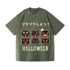 Halloween Black Cat Vintage Wash Japanese Design T-Shirt