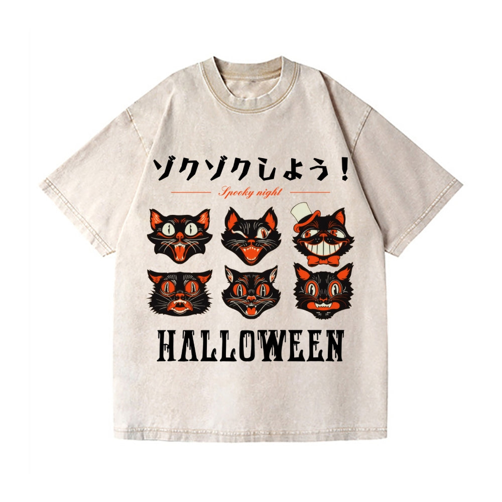 Halloween Black Cat Vintage Wash Japanese Design T-Shirt