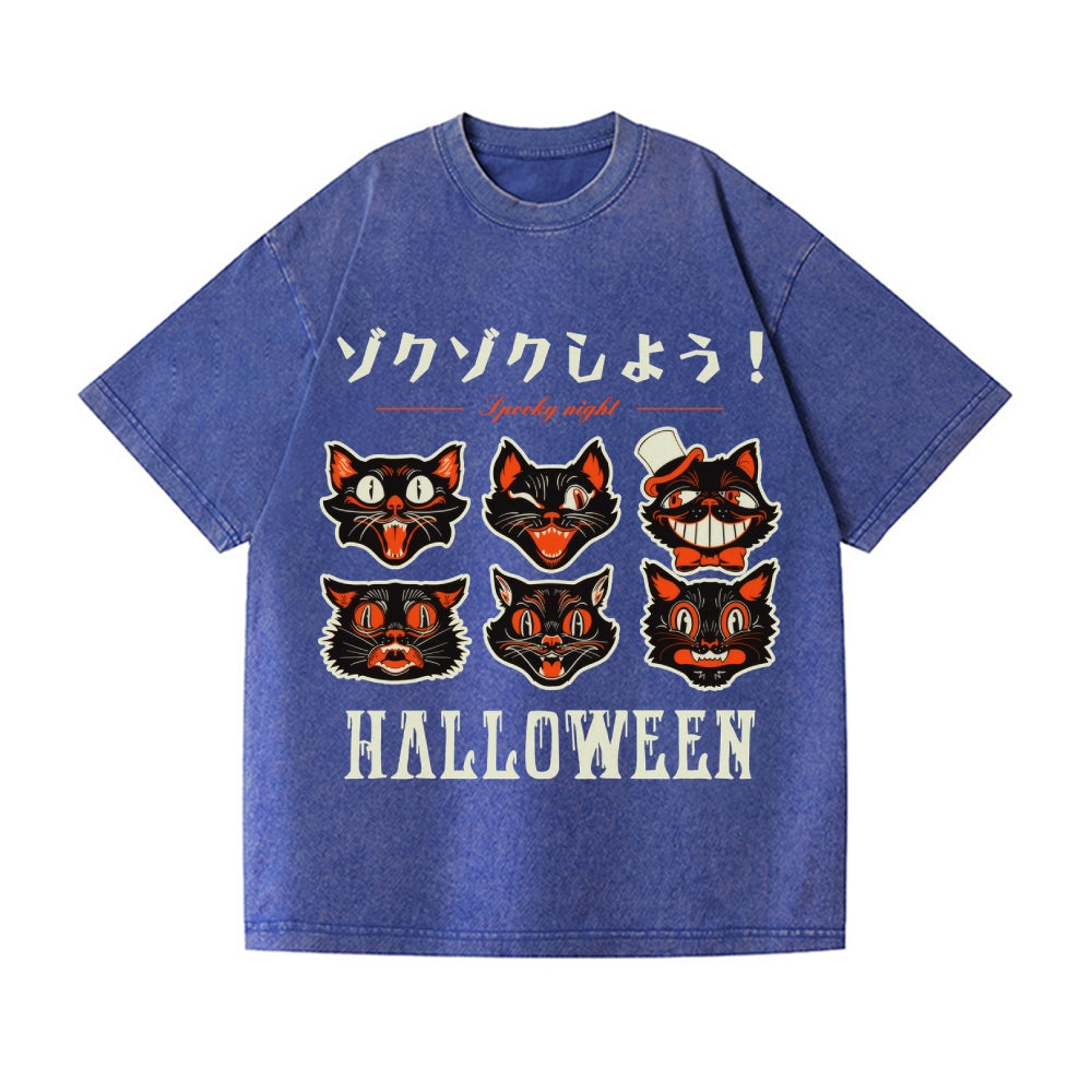 Halloween Black Cat Vintage Wash Japanese Design T-Shirt