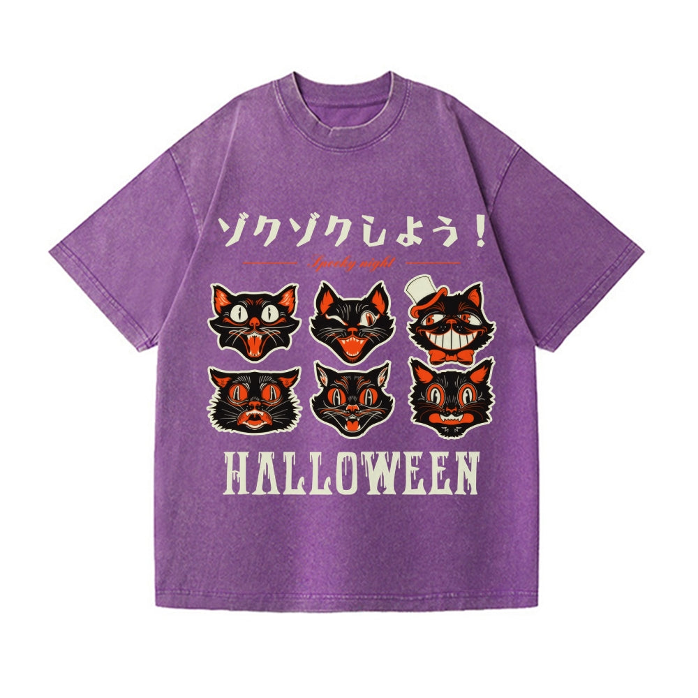 Halloween Black Cat Vintage Wash Japanese Design T-Shirt