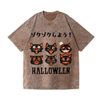 Halloween Black Cat Vintage Wash Japanese Design T-Shirt