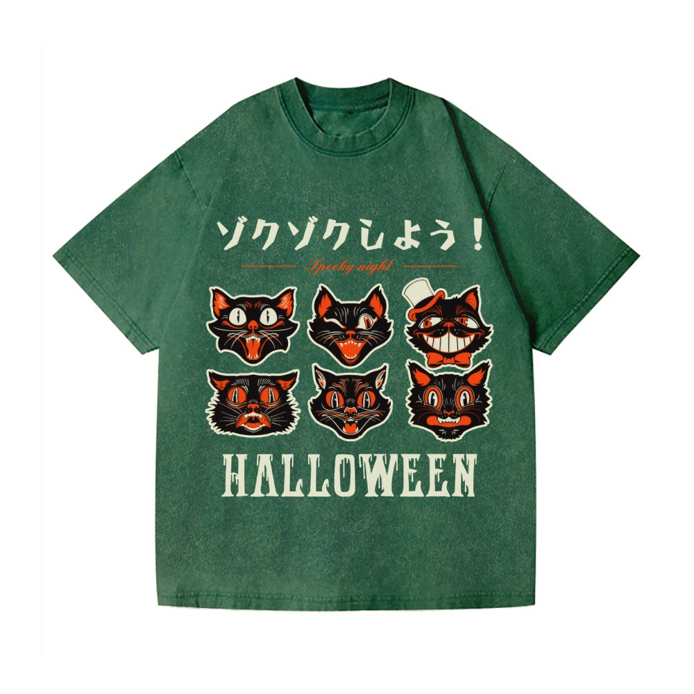 Halloween Black Cat Vintage Wash Japanese Design T-Shirt