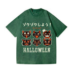 Halloween Black Cat Vintage Wash Japanese Design T-Shirt