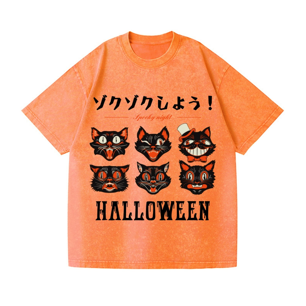 Halloween Black Cat Vintage Wash Japanese Design T-Shirt