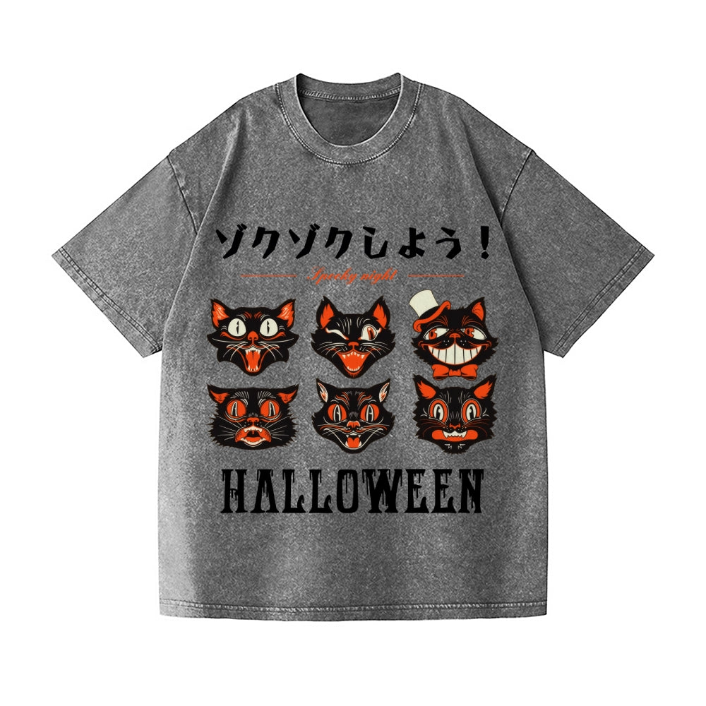 Halloween Black Cat Vintage Wash Japanese Design T-Shirt