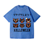 Halloween Black Cat Vintage Wash Japanese Design T-Shirt