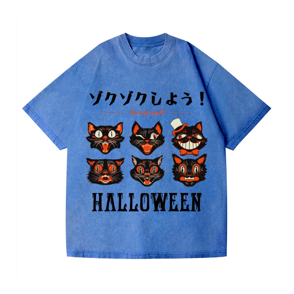 Halloween Black Cat Vintage Wash Japanese Design T-Shirt
