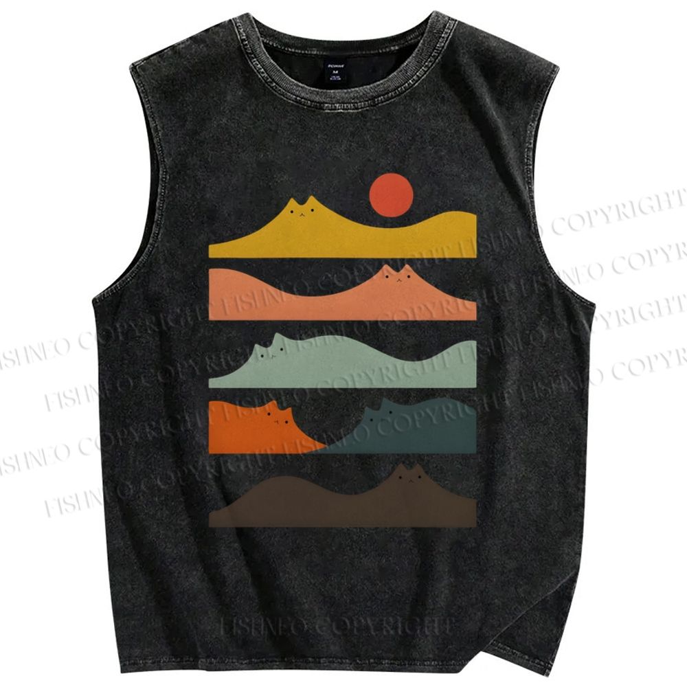 Unisex Wave Cat Printed Washed Tank Top