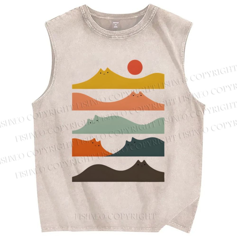 Unisex Wave Cat Printed Washed Tank Top