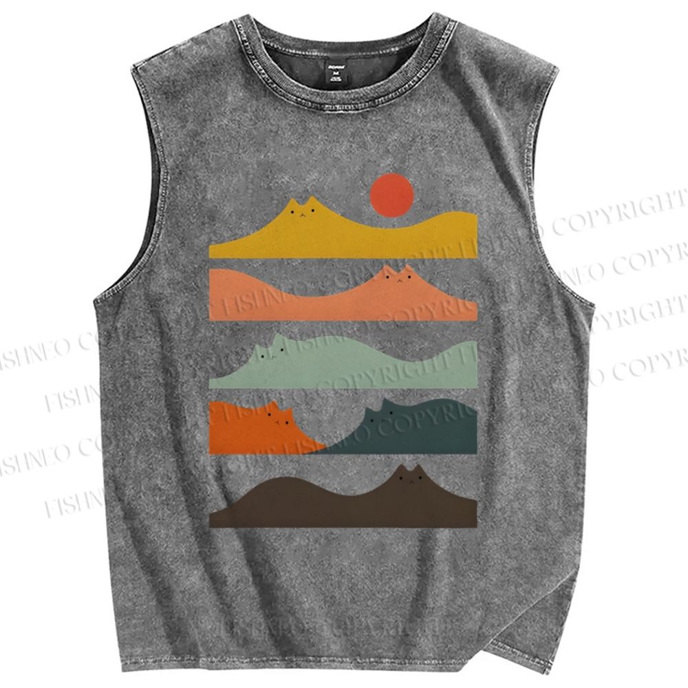 Unisex Wave Cat Printed Washed Tank Top